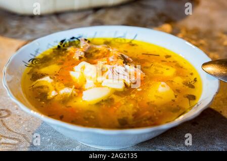 De délicieux plats préparés dans un bol de soupe au poulet. Concept cuisine maison. Selective focus Banque D'Images