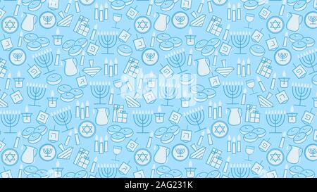 Hanouka fond bleu avec maison de bougies, dreidels, lettres hébraïques et David stars. Vector illustration pour la fête juive de la lumière. Illustration de Vecteur