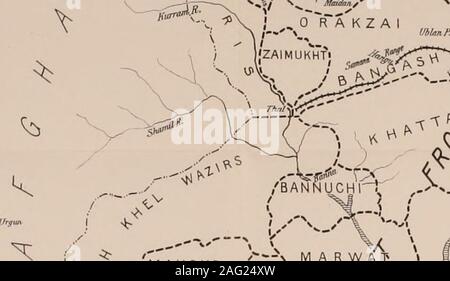 . À partir de la Montagne Noire au Waziristan, étant un compte de la frontière et la plus turbulente des tribus contrôlée par la province de la frontière nord-ouest, et de nos relations militaires avec eux dans le passé. -^^^ ; LV--^^j€  =- • n&Lt ;^ ^ / S H I N W A R I ^.fe-C.^^ ? ; je .T = T^-w S V . f ^ ^ ^ MOHMANBIy-v , I V I ,, 0RAKZA1 , lAFRIDI /^",,f.  !&Gt ;, /MAHSUD ,• •&gt ;-^^ vS, co^ ^M A V f^^ .&gt ;^ / MANDO KHEL • Banque D'Images