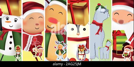 Collection personnages de Noël. Bonhomme de neige de Noël, Père Noël, lutins, rennes, lamas, des pingouins. Icon Set. Vector illustration Illustration de Vecteur