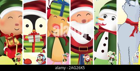 Collection personnages de Noël. Bonhomme de neige de Noël, Père Noël, lutins, rennes, lamas, des pingouins. Icon Set. Vector illustration Illustration de Vecteur