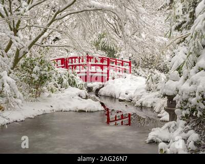 Pont japonais Albert Kahn sous la neige sur la glace d'un flux dans le parc de l'amitié de Rueil-Malmaison en France Banque D'Images