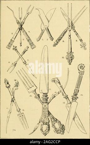 . Manuel de l'ornement ; une grammaire de l'art, la conception architecturale et industrielle dans toutes ses branches, ainsi que des pratiques d'utilisation théorique. r ayant subi la nécessaire division en petites portions dans la cuisine. La propreté était assuré par du lavant fréquemment pendant le dîner. En ce qui concerne forme et matière : ce qui a été dit de cuillères, également vrai pour les couteaux et fourchettes. Les poignées sont de même forme,pour assurer l'uniformité dans l'ensemble ; le bol de la cuillère par le isreplaced, deux ou plusieurs broches de la fourche, ou par l'bladeof le couteau. La poignée est faite de bois, d'ivoire, &c., un Banque D'Images