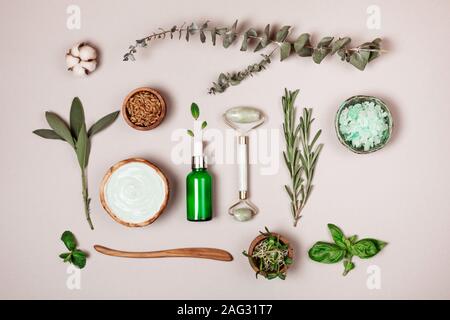 Composition faite de composants naturels de l'autogestion des soins. Mise à plat de style. Gommage, masque, sérum et crème glacée à l'avocat, romarin, eucalyptus Banque D'Images