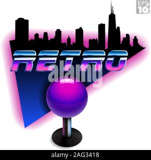 Retro gaming manette avec style années 80, ville d'horizon de Chicago. Illustration de Vecteur