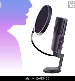 Microphone condensateur avec filtre anti-pop et utilisé par une personne pour les voix-off ou d'un podcast d'enregistrement vocal. Illustration de Vecteur