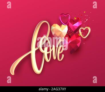 Fête de saint Valentin avec fond rouge et or métallique réaliste faible coeur rubis poly. Lettrage d'or de l'amour. Vector illustration Illustration de Vecteur