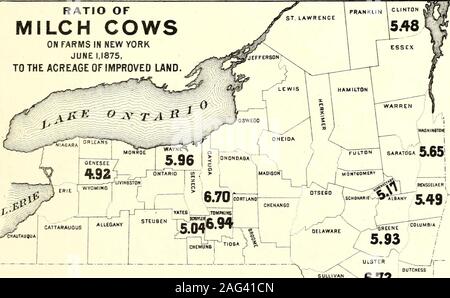 . Recensement de l'état de New York pour 1875. Proportion de vaches laitières SUR LES FERMES AU NOUVEAU YORKJUNE,1,1875 À LA SUPERFICIE DE TERRES améliorées. Comtés. Rockland, Tompkins, Queens, Ulster, Cayuga, Onondaga, Wayne, Greene, Suffolk, Washington, Rensselaer, 41 Clinton, Schenectady, 42 ! 43 Schuyler, } 44 Genesee, J 45 ULSTER .^--^^ tr DUTCHESS j la carte no 3. Banque D'Images