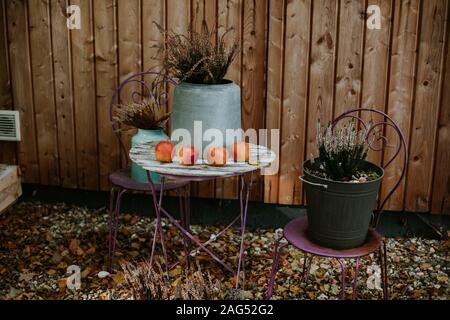 Petite table avec 4 pommes rouges et une casserole avec laisse sur elle et deux chaises pourpres avec des pots similaires Banque D'Images