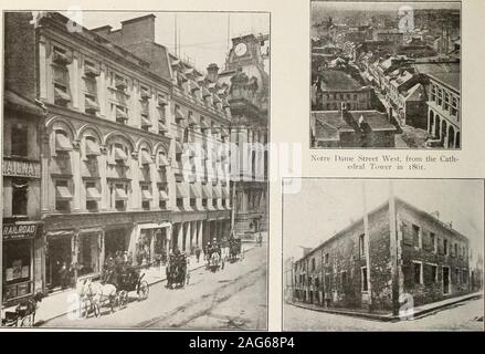 . Ancien et nouveau Montréal, avec séries de vues comparées démontrant l'accroissement et le développement de la grande ville. Place dArmes, 1913. De gauche à droite :-le Liverpool and London and Globe ; le bureau de poste général ; la Banque de Montréal Le nouveau Royal Trust Buillding ; et l'Édifice de la Banque du Québec. Le vieux Montréal. L'ancien hôtel de Saint-Laurent. Maintenant occupé par le site La Banque Royale du Canada (voir page ci-contre) et l'Édifice Dominion Express. John Jacob Astor, le fondateur de l'Astor, fortune faite cet édifice sa maison. Situé à l'angle des rues de Vaudreuil et de sainte Thérèse. Nouvelles Montréal Banque D'Images