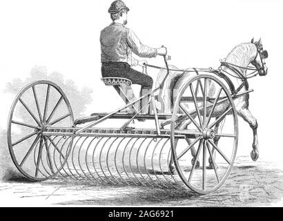 . Scientific American Volume 33 Numéro 01 (juillet 1875). Le levier pour soulever la isactuated,râteau la tige fourchue bemoved sera également, et donc le clearercaused quicklyand pour faire son travail efficacement. Grâce à l'breveté scien-agence scientifique Brevet américain 9 Mars, 1875. Pour plus d'aborder l'inventeur, M. Benjamin Mellinger, Mount Pleasant, Westmoreland comté. Pa. Les éparpilleurs sont réalisés avec de longues chevilles, et peuvent belengthened en glissant sur les axes à dit n'importe quoi pour remplir thespace et gardez-les étendues, de sorte que quelques willmeet épandeurs les besoins de la plupart des usines. La quantité de travail e Banque D'Images