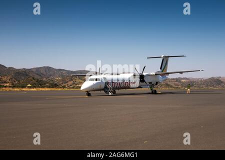 L'Éthiopie, l'Amhara, Lalibela, aéroport, Ethiopian Airlines Q400 de Bombardier, Dash 8 sur l'apron Banque D'Images