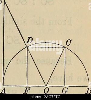 . Certaines propositions en constructions géométriques et applications de l'algèbre à la géométrie. Étant un élément clé de l'annexe de Davies' Legendre. PROPOSITIONS DE LEGENDRE. 37. Attirer l'AE perpendiculaire à, et égal à, AB ; d'attirer l'cuttingthe semicircumference EO, dans D ; tirer DC -^ parallèle à AB ; aussi, attirer DF et par CG-pendicular à AB ; d'attirer l'OC. Les triangles sont semblables et l'OAE OFD;mais, OA  = -|-AE, et par conséquent de  = =•iFD. Les triangles OFD et OGC areequal dans toutes leurs parties ; par conséquent, OG-  =± D,et par conséquent FG  = FD ; mais FD  = GC, et Fg  = DC, d'où la nécessaire,FDCG est carré. Prop. Thro-IIL. Banque D'Images