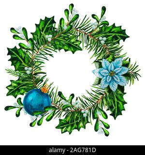 Couronne de Noël à l'aquarelle avec le poinsettia blanc, bleu et de houx ornement isolé sur fond blanc Banque D'Images