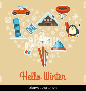 Bonjour l'hiver en montagne, sport icons set en forme de coeur Illustration de Vecteur