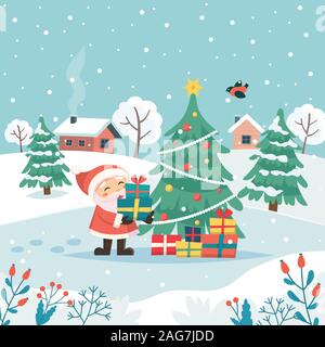 Père Noël avec cadeaux de Noël. Joyeux Noël carte de vœux. Cute vector illustration style de télévision Illustration de Vecteur