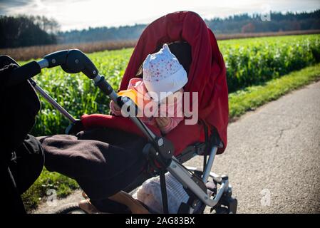 Adorable baby girl à l'extérieur en rouge poussette en vert champs sur une route, journée ensoleillée. Banque D'Images