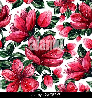 Rouge cerise ou japonais Sakura. Dessins floraux rose. L'Aquarelle transparente modèle pour le design textile tissu ou d'écran. Motif floral romantique Banque D'Images