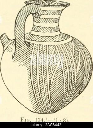 . Fouilles à Phylakopi dans Melos, Bouda. bowdsdescribed dans la section 15, p. ex. n° 10 sur PI. XXXIII, sont apparemment d'samefebric). La plupart de ces fragments appartiennent à des cruches à bec, habituellement de l'samegeneral comme type XI. 1 à 3. L'extrémité inférieure de la poignée est bloquée par le biais de l'thewall vase de la manière caractéristique de l'époque géométrique. Theornamentation pronouncedly curviligne, mais conserve une grande partie de l'olderstyle ; note en particulier les lignes verticales sur XIII. 15. XIII. 19 avessel, encore une fois, c'est du même type que VIII. 5, bien que probablement de plutôt date ultérieure, et le motif principal (cf. le l Banque D'Images