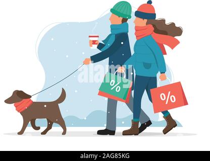 L'homme et de la femme avec des sacs de vente, promener le chien en hiver. Cute vector illustration dans télévision style. Illustration de Vecteur