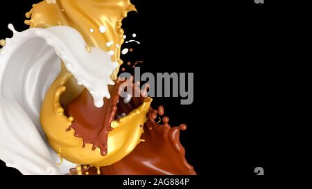 Beau, doux, savoureux contexte éclaboussures de chocolat, lait et miel. Rendu 3D, 3d illustration. Banque D'Images