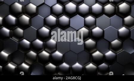 Arrière-plan bleu métallique noir avec hexagones. Rendu 3D, 3d illustration. Banque D'Images