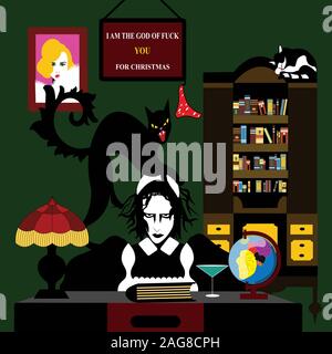 Illustration d'une femme de ménage avec un chat en colère sur son a Banque D'Images