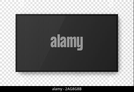 Écran de télévision noir réaliste sur fond transparent. Maquette de l'affichage du moniteur de l'ordinateur. TV LED 3d moniteur. Vector illustration. Illustration de Vecteur