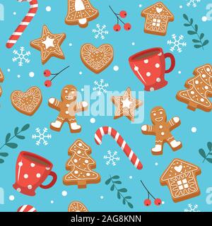 Avec motif de noël gingerbread cookies, tasses et Candy Cane. Éléments mignon. Vector illustration style de télévision Illustration de Vecteur