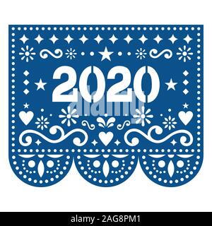 2020 papel picado vector Design - style mexicain carte de vœux de Nouvel An en couleur Pantone de l'année - Classique bleu Illustration de Vecteur