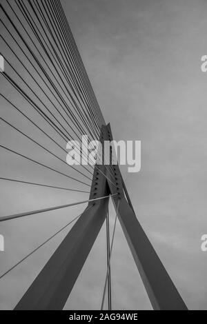 Prise de vue verticale en niveaux de gris d'un pont suspendu sous le ciel nuageux ciel Banque D'Images