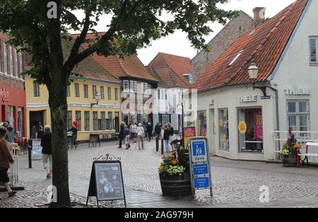 RIBE, Danemark, 12 juillet 2019 : une vue de la rue commerçante Nederdammen à Ribe, sur un jour de semaine en été. Ribe est une ville ancienne au Danemark. Banque D'Images