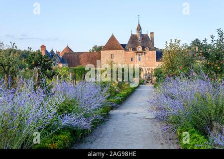 France, Loiret, la Bussière, Le Château de la Bussière Parc et jardins, potager, allée bordée de perowskias, roses et la tour de l'horloge dans le Banque D'Images