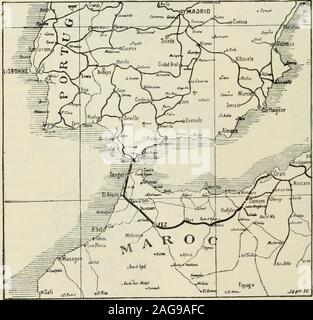 . Examen des évaluations et de travail du monde. ^^gGusf^. Carte pour afficher l'itinéraire du projet de tunnel ferroviaire sous le détroit de Gibraltar. Carte pour afficher les trois routes rivales POUR LE PROJET DE TUNNEL IRLANDAIS BRITANNIQUE. noithern avec l'Afrique par voie de Gibi-autel : andthey ont à l'esprit à la fois les avan-tages commerciaux d'une telle ligne et aussi à une certaine idée d'weakenthe thatthis importance stratégique ofEnglands le contrôle de l'enceinte du siège de rocher de Gibraltar. Carte AFrench qui nous repro-duce ci-joint vous donnera de anidea l'itinéraire de ce pro-posés sous terre connectionbetween l'Europe et l'Afrique.L'avenir Ameri Banque D'Images