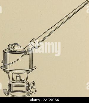 . Maladies de l'enfance. Fig. no-croupe tente (J. P. C. Griffith). couverts à l'exception d'une petite ouverture sur le côté de thebed près de la tête qui est requis pour la ventilation. THERAPEUTICS 447 couvertures sont utilisés au lieu de feuilles, ces dernières sont liableto prendre feu. Si une trame régulière n'est pas disponible, un goodsubstitute peut être faite par l'érection d'un balai-sticks à thefour venus du lit et de l'étirement d'un cordon autour du thetops bâtons. Un très bon tente peut être improvisedby jetant une grande couverture sur un parapluie. Une croupe électrique chauffée par une lampe à alcool de sécurité doit être placé sur le sol ou sur Banque D'Images