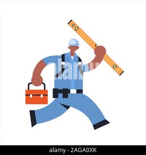 Homme builder transportant toolbox et carpenter african american niveau ouvrier chargé d'exécution posent industrial construction worker in uniform building concept télévision vector illustration pleine longueur Illustration de Vecteur