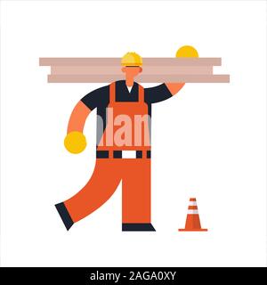 Charpentier constructeur hommes transportant des bandes workman en uniforme orange industrial construction worker building concept télévision vector illustration pleine longueur Illustration de Vecteur