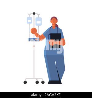 Femme médecin anesthésiste en uniforme tenant compte-gouttes santé médecine clinique médicale hôpital concept travailleur avec pleine longueur stéthoscope fond blanc télévision vector illustration Illustration de Vecteur