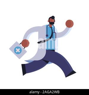 Médecin homme avec trousse de premiers secours pour aider à l'exécution des soins de médecine concept ambulance african american medical clinic travailleur avec stéthoscope dans toute la longueur de la blouse blanche télévision vector illustration Illustration de Vecteur