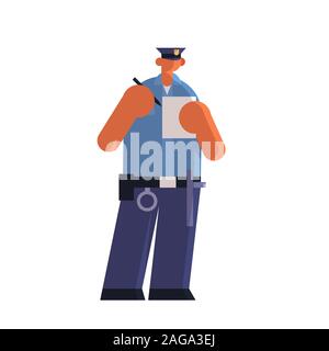 Agent de police de sexe masculin écrit parking rapport policier fine en uniforme de l'autorité de sécurité droit justice service concept télévision full length white background vector illustration Illustration de Vecteur