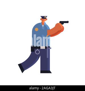 Agent de police debout, pistolet au policier en uniforme tenant de la sûreté d'armes service droit justice télévision concept vector illustration pleine longueur Illustration de Vecteur