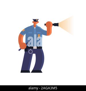 Agent de police à l'aide de lampe de policier en uniforme holding stick droit de justice de l'autorité de sécurité publique télévision concept vector illustration pleine longueur Illustration de Vecteur