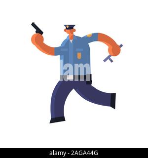 Agent de police exécutant, pistolet poursuivant cambrioleur policier en uniforme la tenue d'armes nucléaires et de la sûreté du stick droit justice service concept télévision vector illustration pleine longueur Illustration de Vecteur