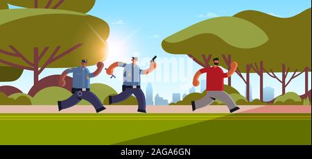 Les agents de police avec des pistolets poursuite pénale cambrioleur courir loin de policiers en uniforme de l'autorité de sécurité droit justice service concept de parc urbain paysage urbain historique pleine longueur horizontale vector illustration Illustration de Vecteur