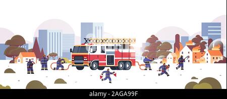 Près de pompiers camion de pompiers s'apprête à éteindre le feu les pompiers en uniforme et un casque de pompier de service d'urgence concept maisons en feu cityscape background illustration vecteur horizontal Illustration de Vecteur