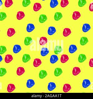 Aquarelle Dessin boules rondes motif. Textures transparente avec red, green, blue balls sur un fond jaune. Hand drawn abstract Wallpaper bébé Banque D'Images