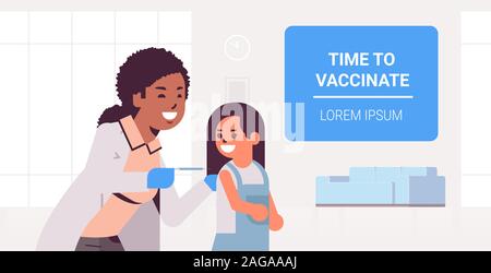 Femme médecin pédiatre injection vaccin donnant tourné à petite fille de temps pour vacciner concept concept santé médecine télévision portrait copie espace horizontal vector illustration Illustration de Vecteur