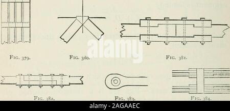 . Théorie des structures et résistance des matériaux. de fer, ou de bois et d'ironcombined. Les accords d'une charpente de bois se composent habituellement de trois ou plusieurs membres, placés en parallèle un peu de distance l'un de l'autre de manière toallow avec bretelles fer vissé se termine pour passer entre eux(Fig^- 379 et 380). 012 THÉORIE DES STRUCTURES. Chaque membre est composé d'un certain nombre de longueurs scarfedor pêché ensemble (fig. 381 et 382). Les grandes accolades, illustré par l'ensemble de lignes diagonales, Fig.378, sont composés de deux membres ou plus. La contre-accolades, qui sont introduits pour résister à une charge mobile de theeffect, et sont affichées Banque D'Images