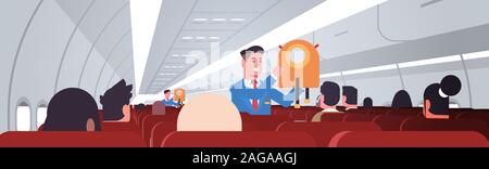 Les passagers steward expliquant comment utiliser gilet veste en situation d'urgence de bord la démonstration de la sûreté de l'avion moderne concept intérieur Conseil télévision horizontale vector illustration Illustration de Vecteur