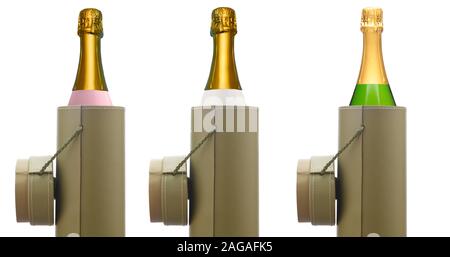 Champagne : Trois différentes bouteilles de mousseux dans une boîte cadeau ronde, isolé sur blanc. Rose, Blanc et vert bouteille. Banque D'Images